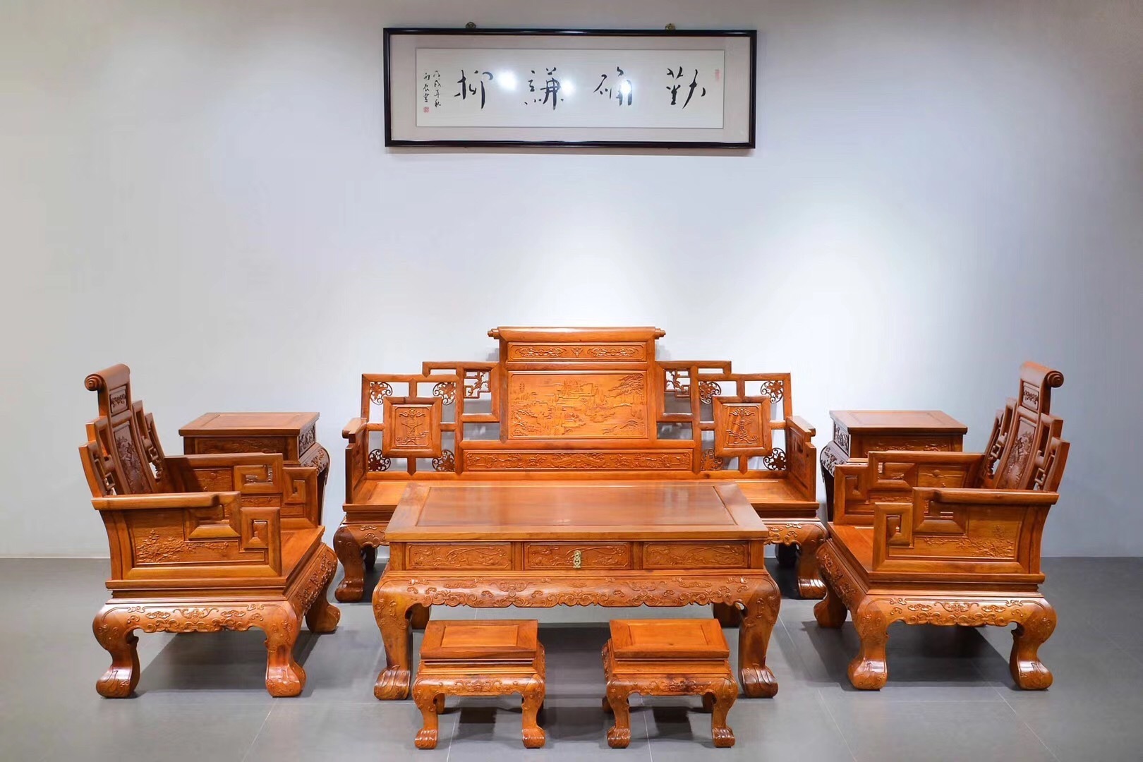 红木家具厂家销售缅甸花梨经典卷书沙发8件套