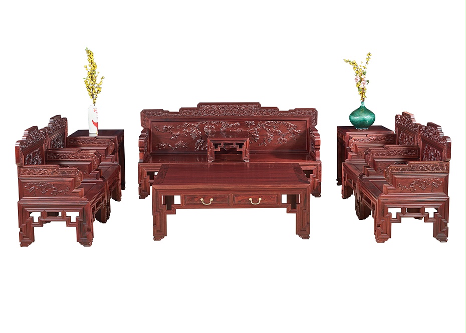 红木家具老挝花枝【红酸枝】葡萄宝座沙发成套供应