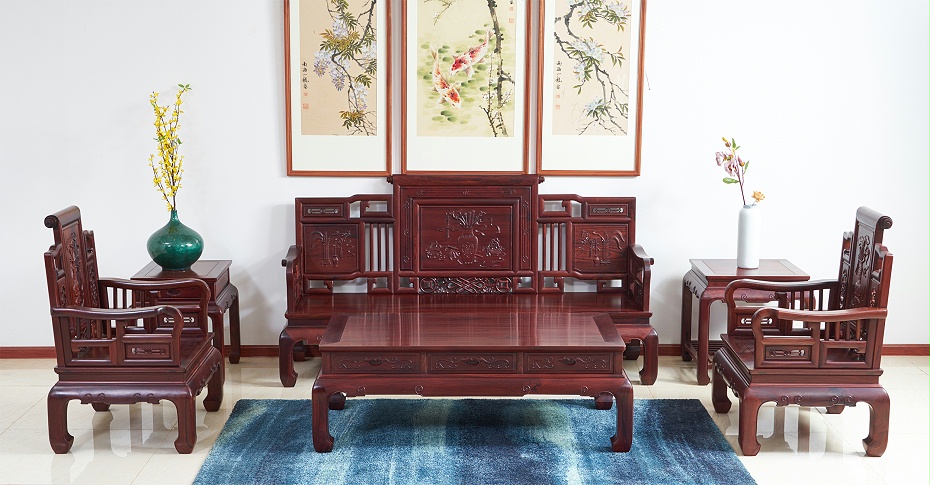 红木家具老挝花枝【红酸枝】广式卷书沙发