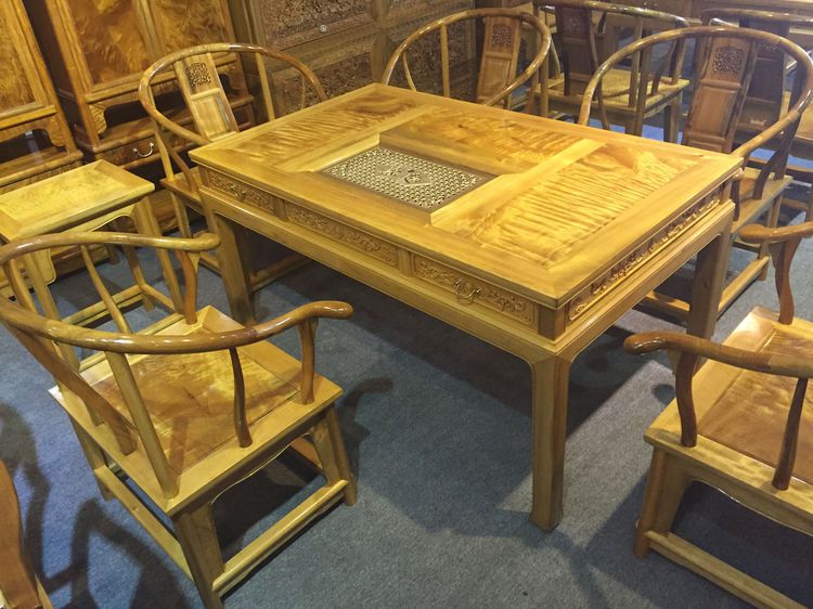四川金丝楠水波纹茶桌7件套高端红木制品收藏品