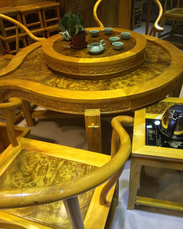 红木家具厂直销黄金樟时来运转泡茶桌7件套